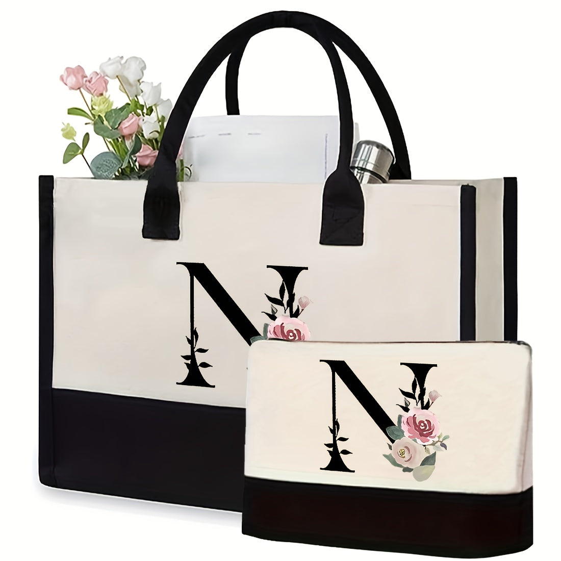 Kanvas kosmetika sumkasi, qattiq kamarlar va tasodifiy chop etish bilan, aralash ranglarda