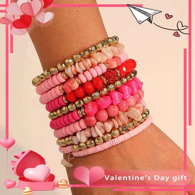 Multi-Layer Boho Chic Bracelet with Pink Heart Faux Stone Beads for Women