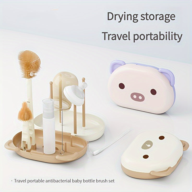 Set de cepillos de silicona para botellas con animales de dibujos animados, caja de almacenamiento y rejilla de drenaje