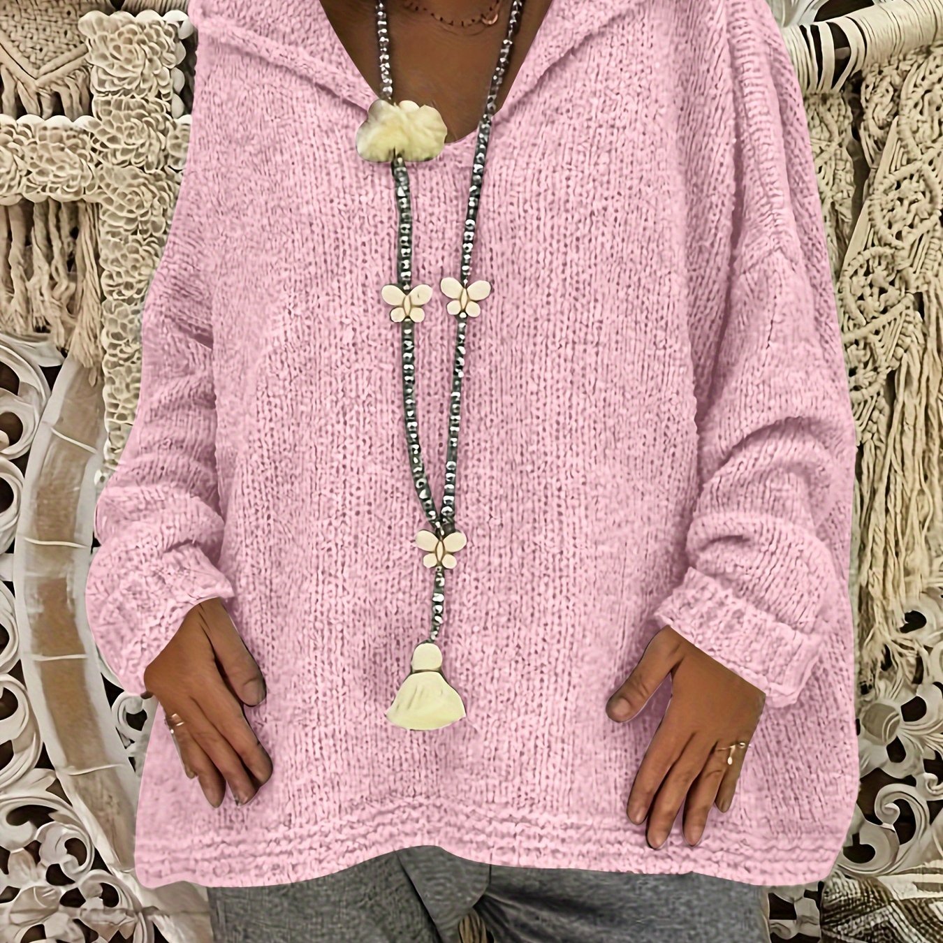 Women's Plus Size Solid Color Hooded Sweater Polyester Pullover with Ribbed Details