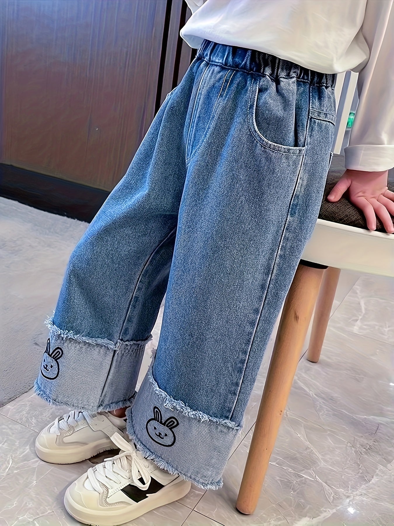 Girls' Kids Jeans Wide Leg Cotton Blend with Bunny Print Elastic Waist Pockets