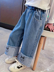 Girls' Kids Jeans Wide Leg Cotton Blend with Bunny Print Elastic Waist Pockets