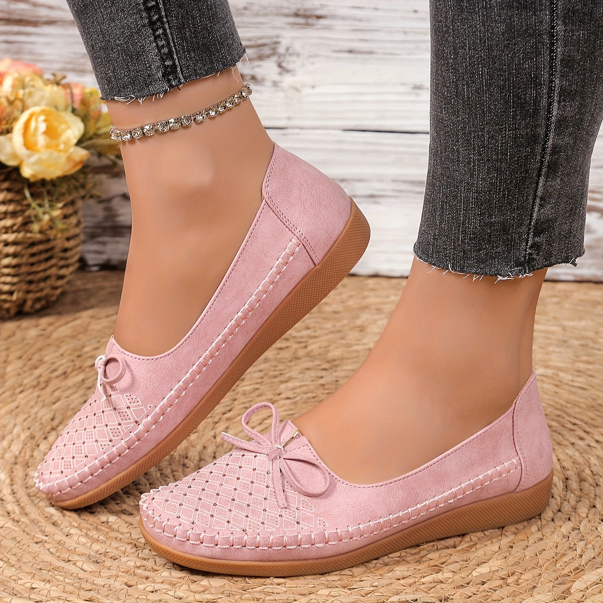 Women's Casual Slip-On Flat Shoes with Bow Pink Geometric Pattern