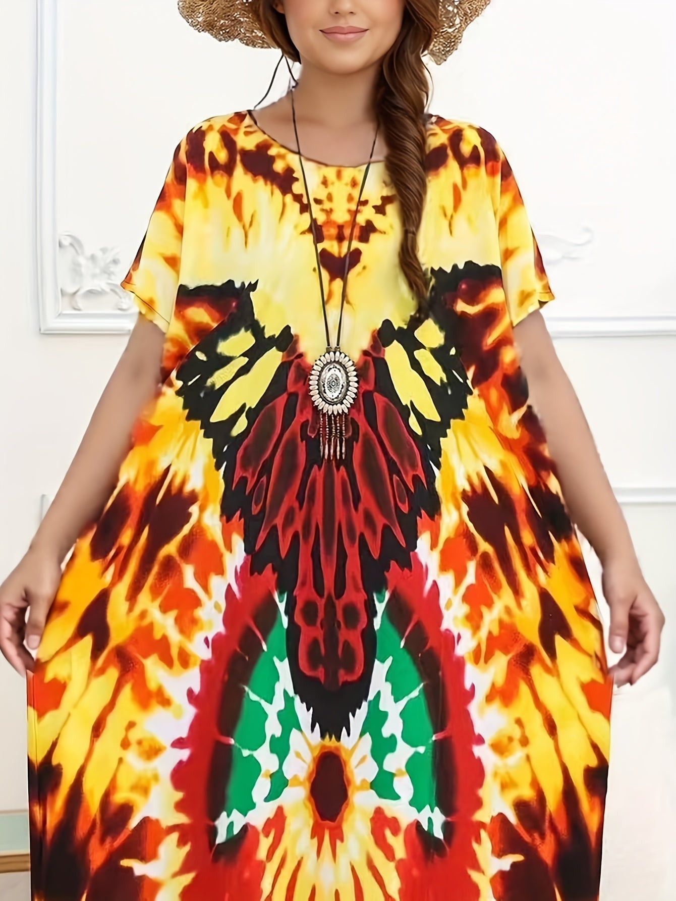 Plus Size Summer Round Neck Print Short Sleeve Dress Casual Beach Cover-Up