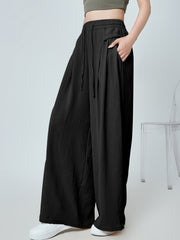 Women's Woven Polyester Lounge Pants with Pleated Details and Pockets