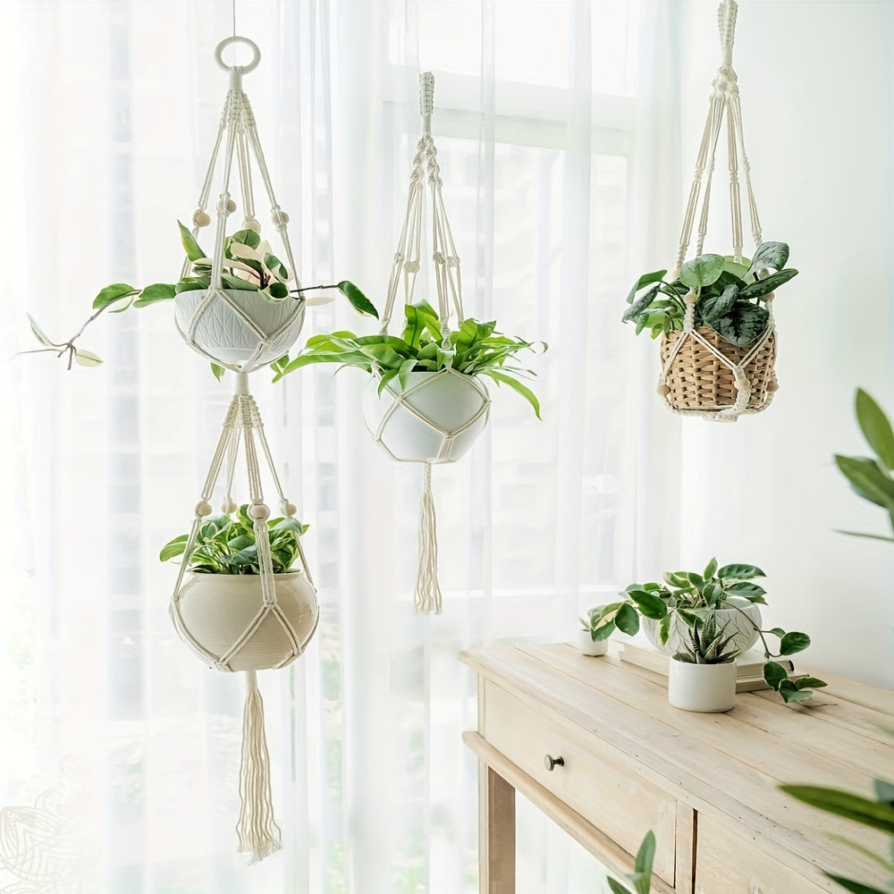 Macrame Double Plant Hanger Indoor Outdoor Cotton Bead 2 or 3 Tier 124.46cm 177.8cm