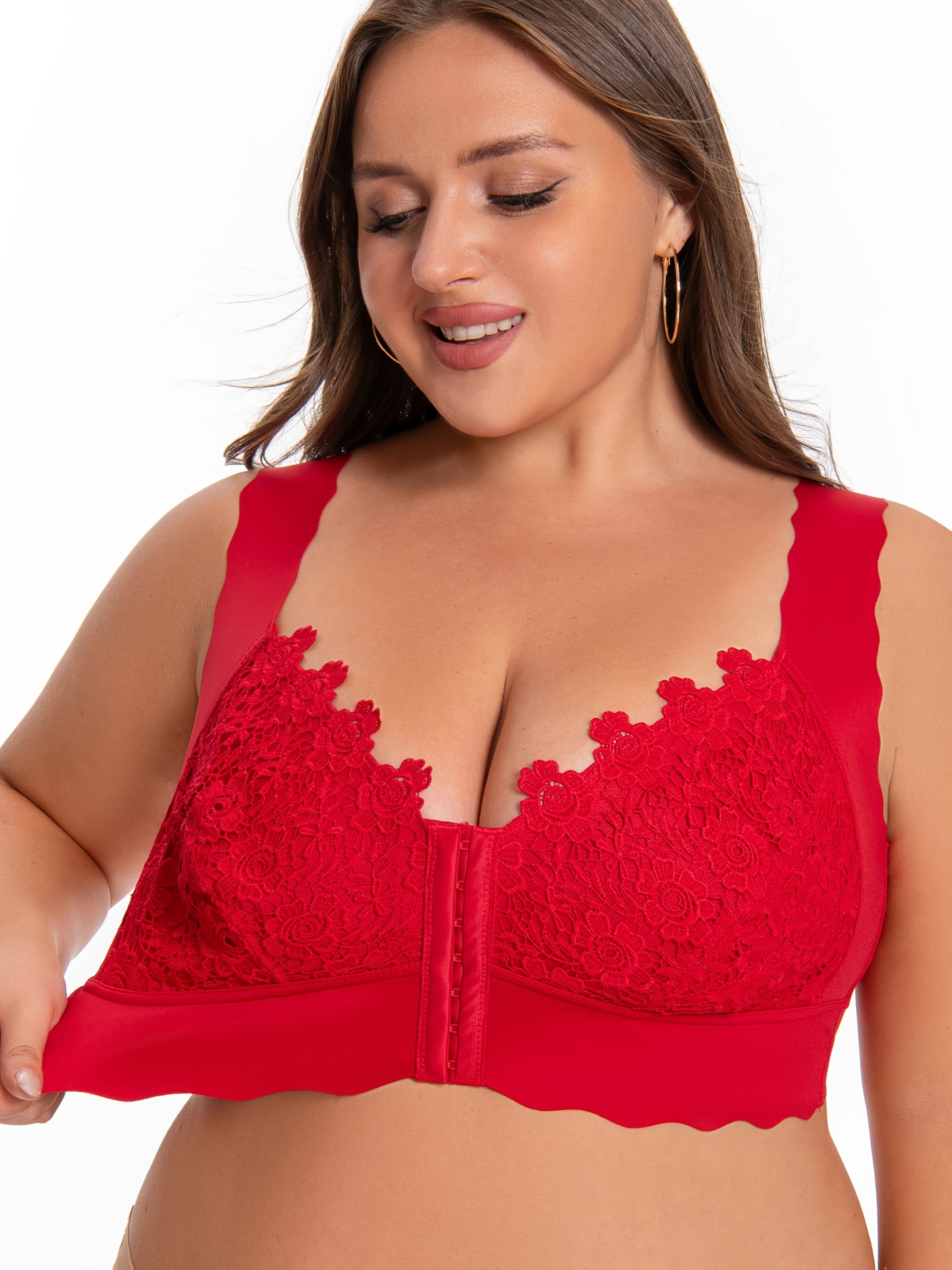 Plus Size Wireless Lace Bra for Women Solid Color High Stretch Knit Fabric