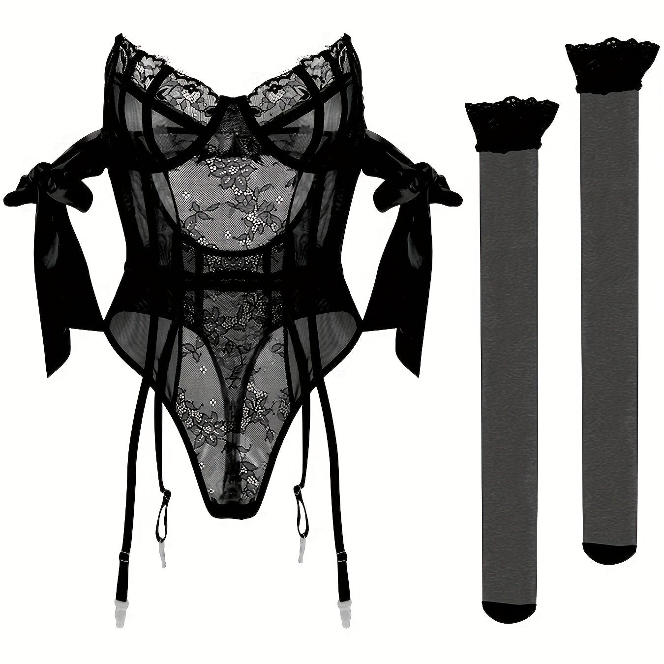 Yangi Yevropa va Amerika bozorida sotilayotgan ayollar uchun bodysuit va taytlar to'plami, dantel qo'shilishi bilan, to'plangan paypoqlarni o'z ichiga oladi.