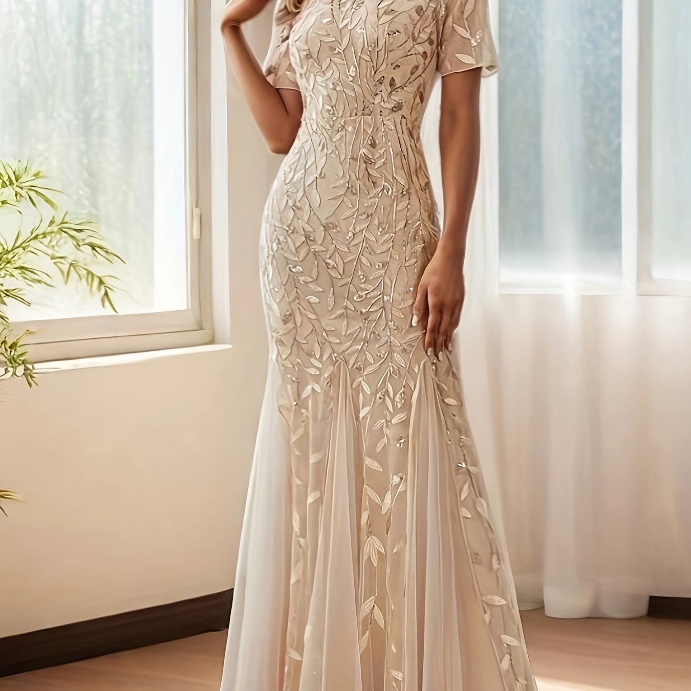 Plus o'lchamli siren kechki kiyimi uzun qo'lqopli, polga cho'zilgan, bir rangli partiya kiyimi