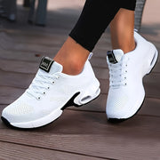 Women's White Breathable Knit Running Shoes with Air Cushion and Shock Absorbing Platform