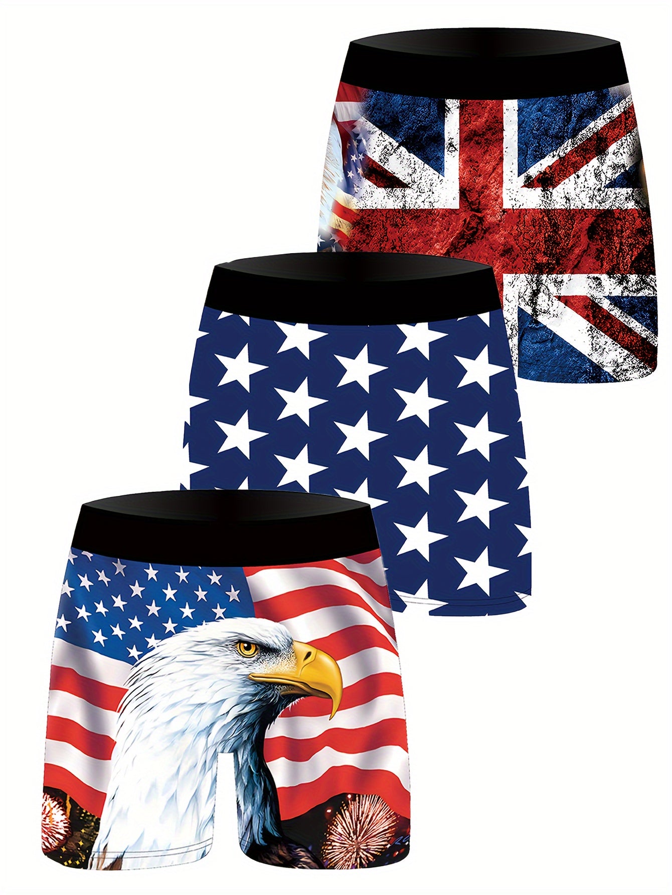 Erkaklar uchun 3 ta to'plam, patriotik multfilm printli boxer shortlar, 95% polyester va 5% elastan aralashmasidan tayyorlangan, biroz cho'ziluvchan to'qima. Har mavsumda kiyish uchun nafas oladigan va engil. Ideal uchun