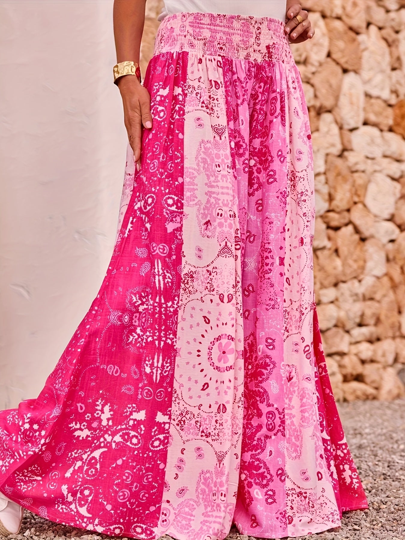 Women's Plus Size Floral Print Wide-Leg Pants with Elastic Waist Blue White Tropical