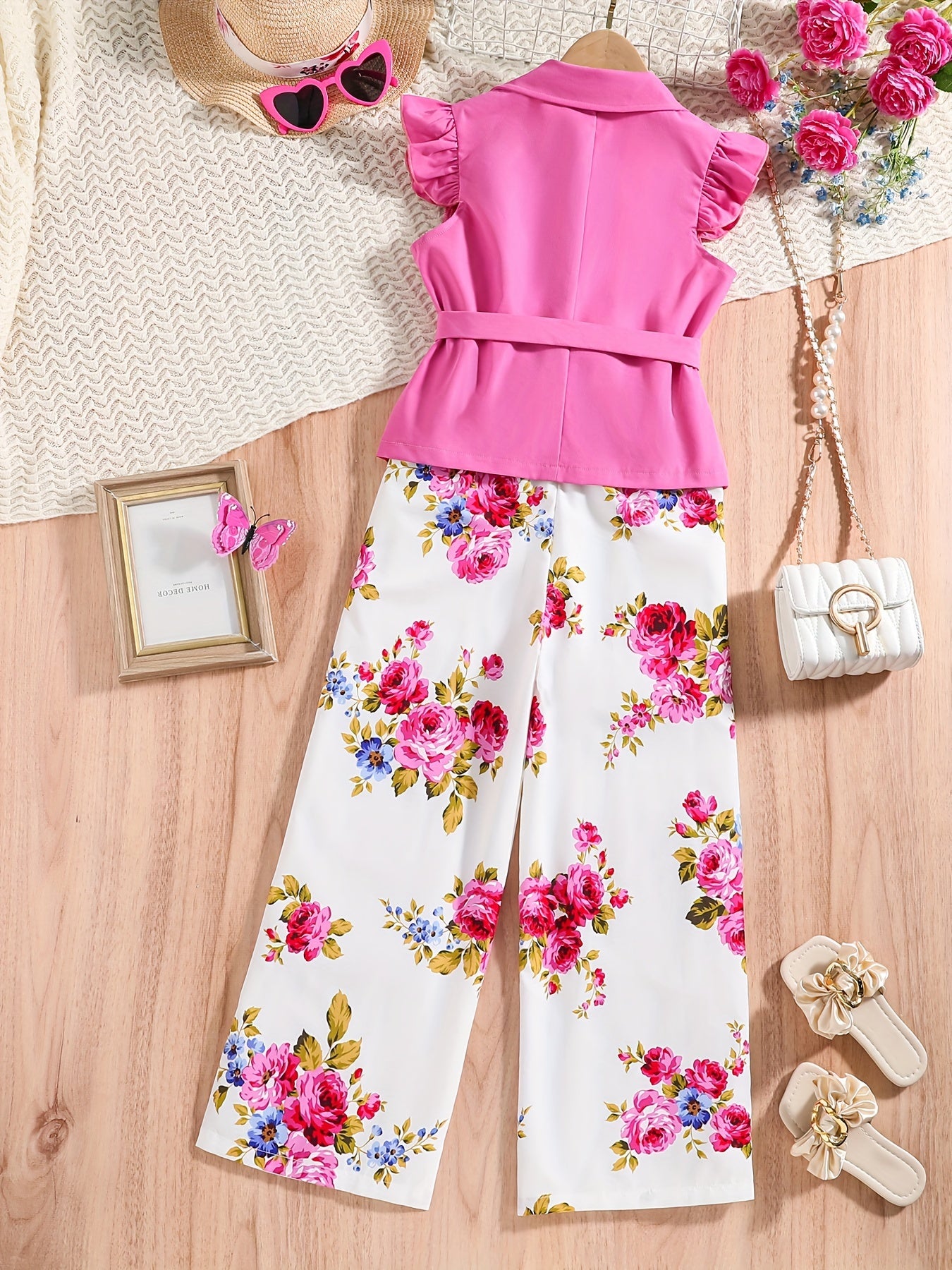 Girls Spring Summer Floral Set with Sleeves, Turn-Up Collar, Belt and Suspender Leggings