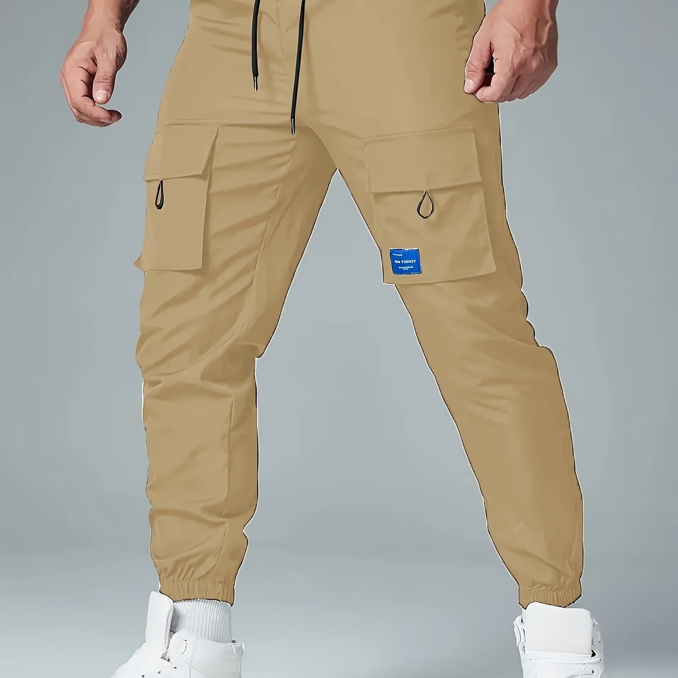 Men's Polyester Cargo Pants with Drawstring Waist and Multiple Pockets for Spring and Fall