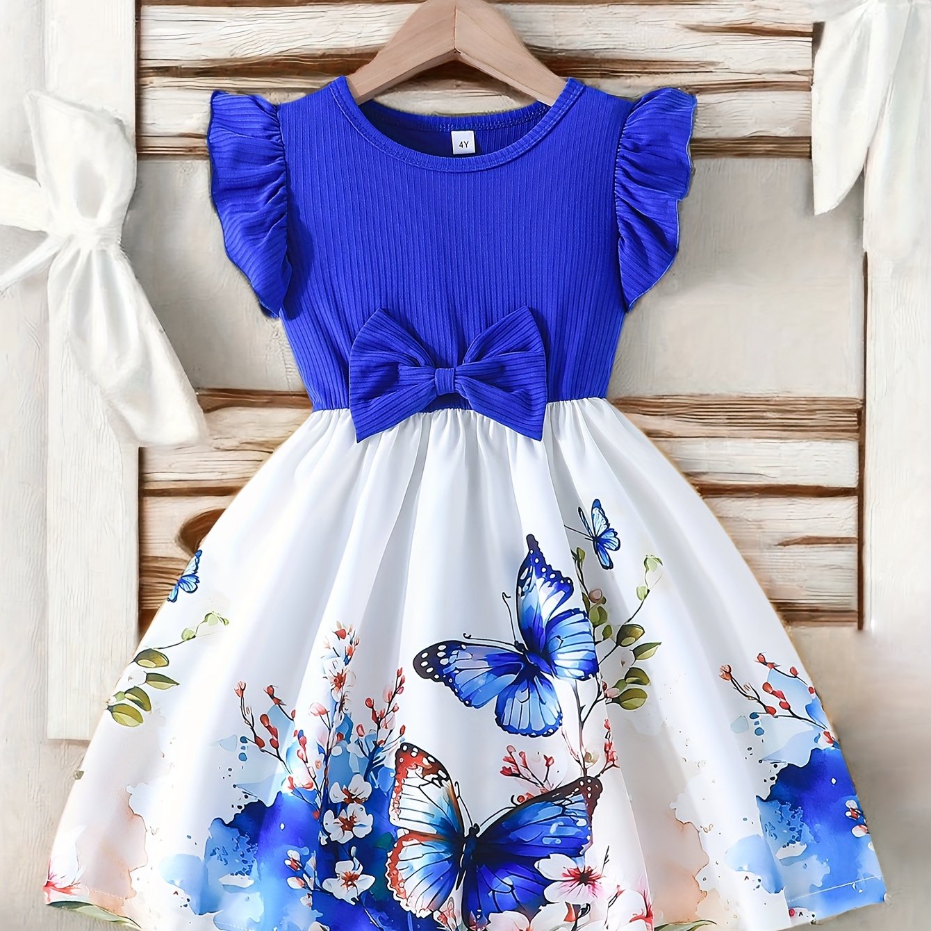 Girls Rose Print Dress with Ruffle Sleeves and Bow Waist for Casual and Outdoor Wear