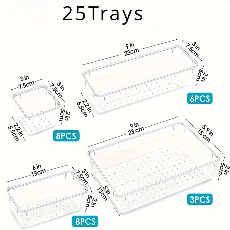 25-Piece Clear Plastic Storage Organizer Set in 4 Sizes for Cosmetics Office Supplies and Tableware