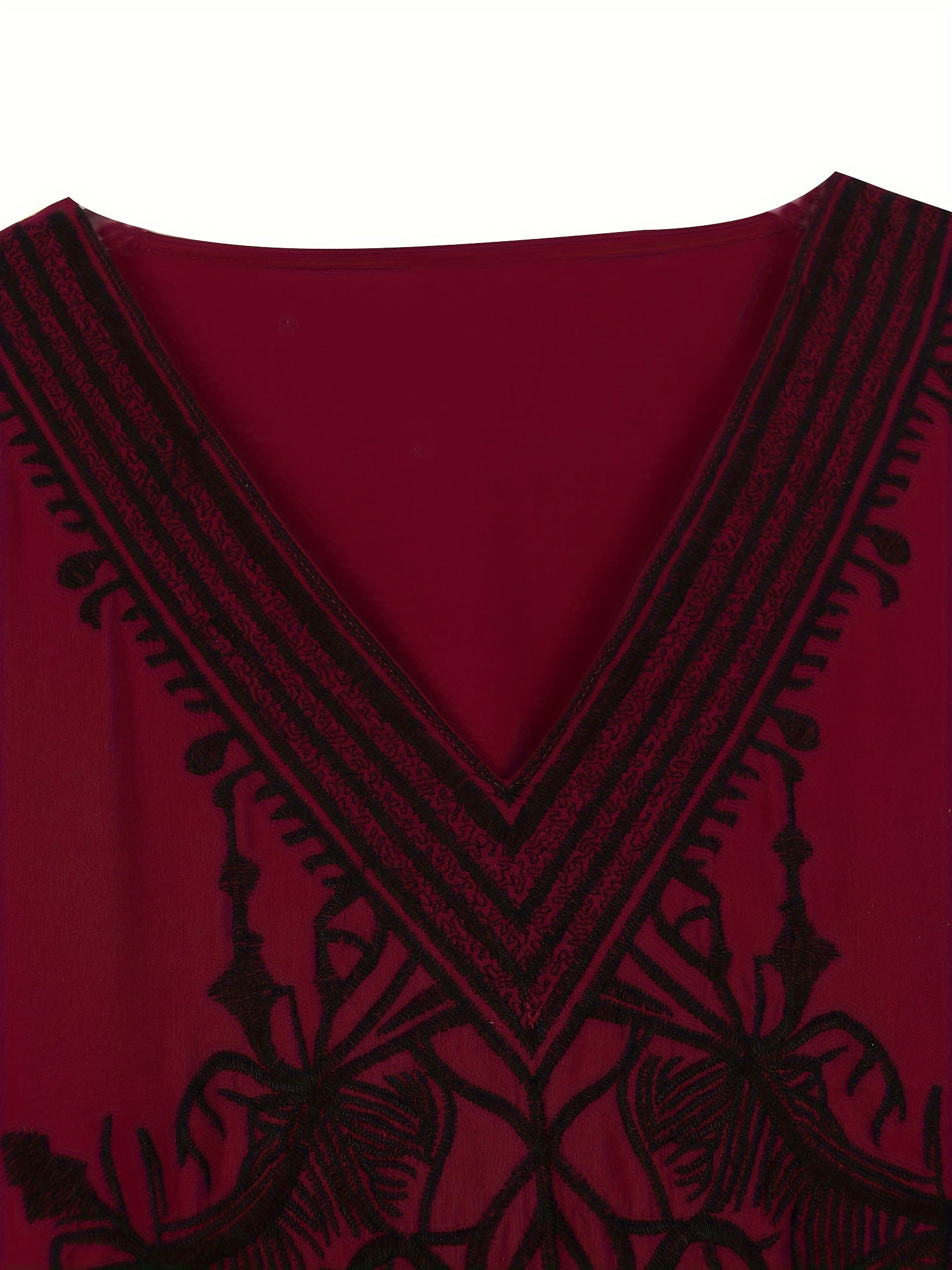 Plus Size Viscose Kaftan Dress V-Neck Embroidered Long Sleeve Beachwear