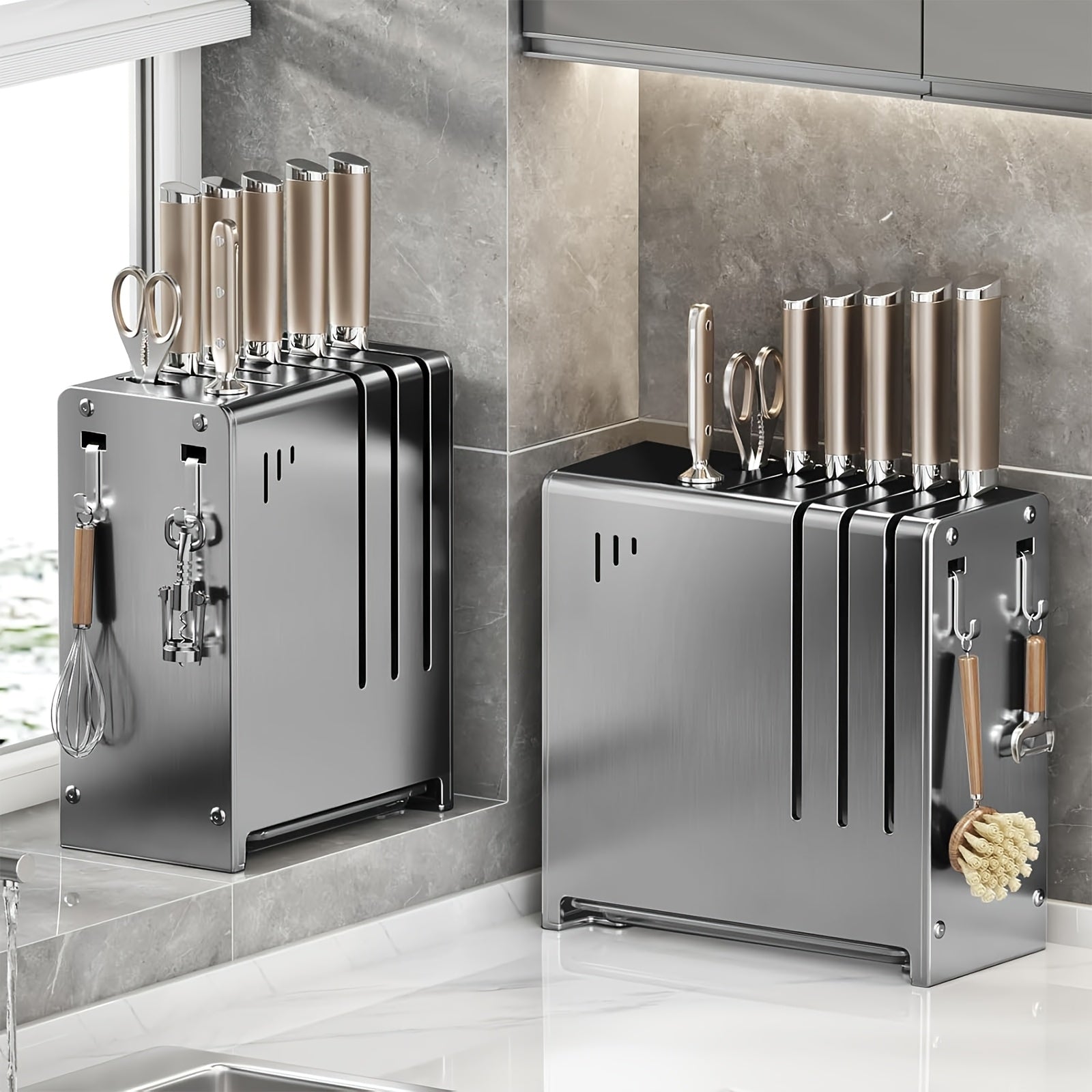 Stainless Steel Knife Block with Sharpener and Scissor Holder Countertop Organizer