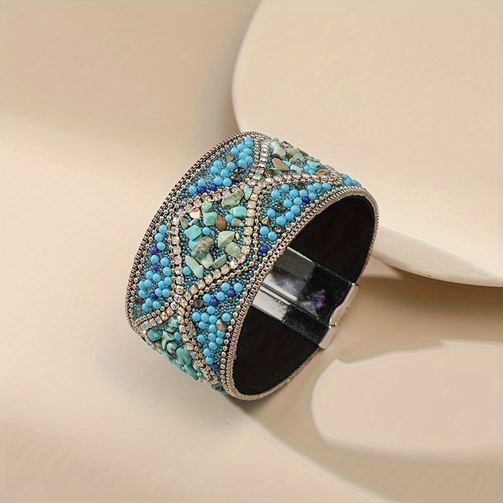 Women's Handmade Natural Stone Bead Faux Leather Bracelet with Magnetic Clasp