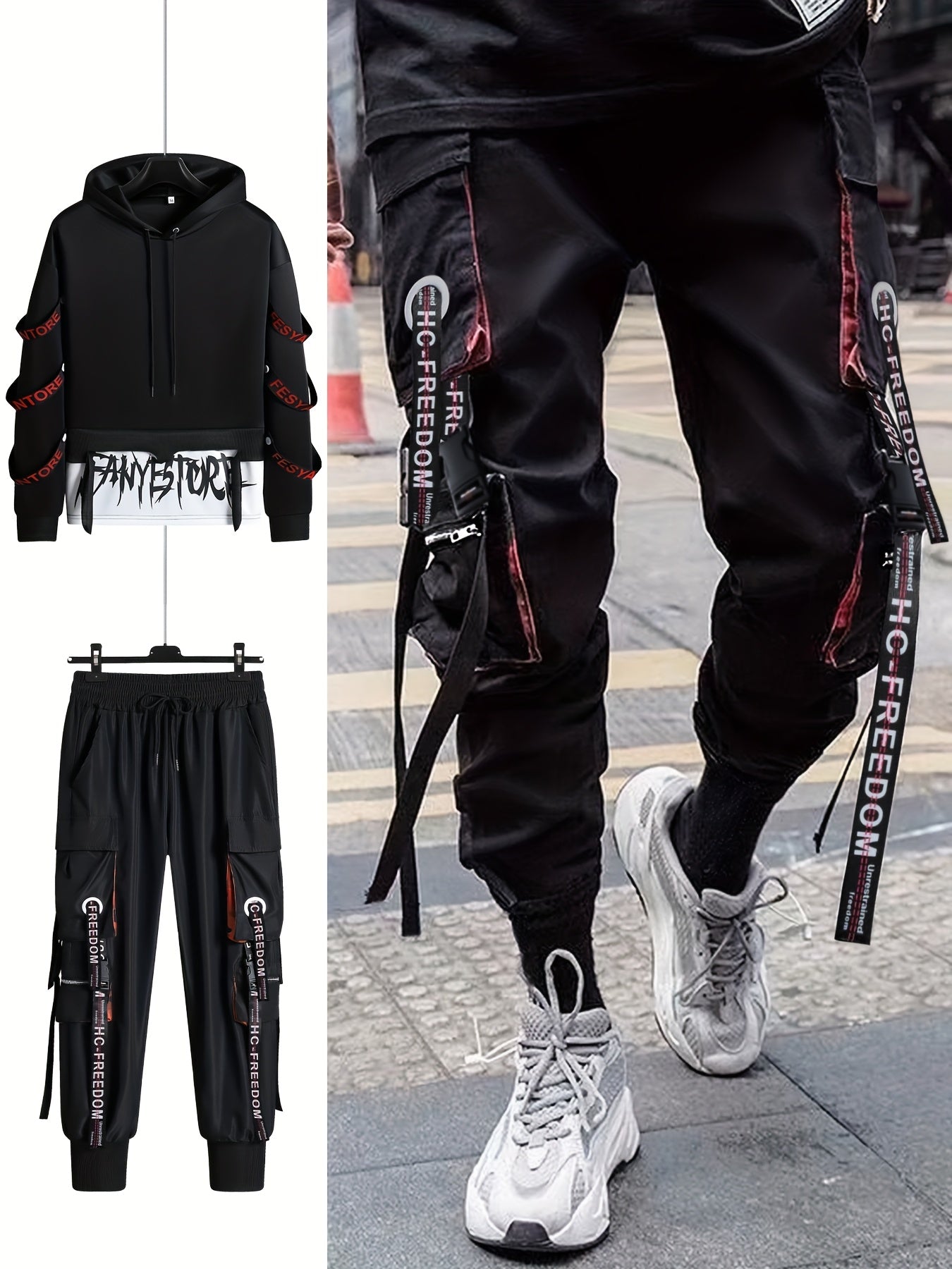 Men's Casual Sports Outfit with Hoodie Tapered Pants and Multi-Pocket Work Pants for Autumn Winter