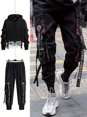 Men's Casual Sports Outfit with Hoodie Tapered Pants and Multi-Pocket Work Pants for Autumn Winter