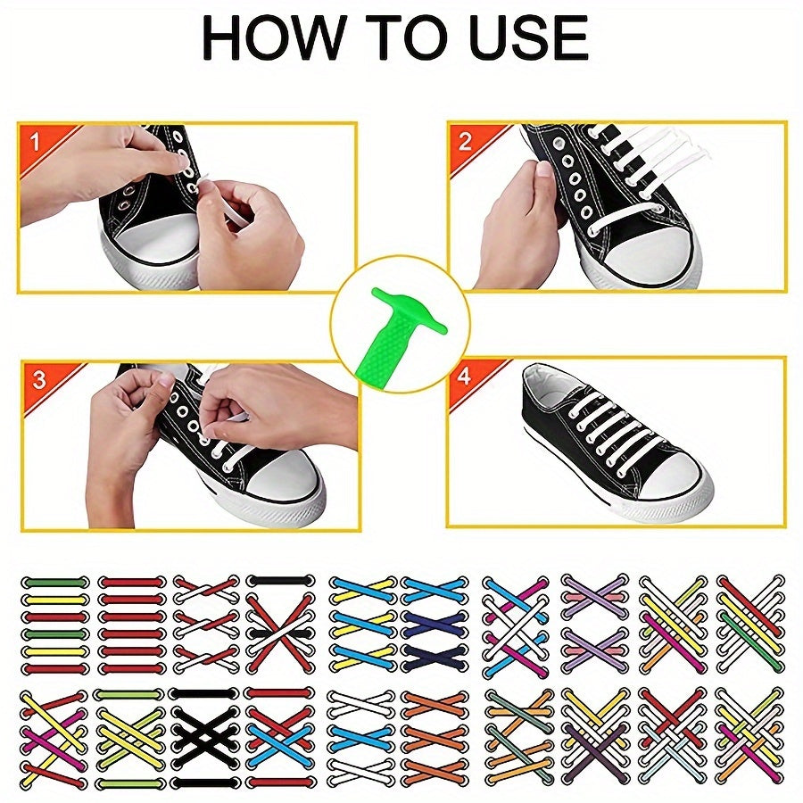 Unisex Silicone Shoelaces No-Tie Elastic Stretch Laces Black 16pcs