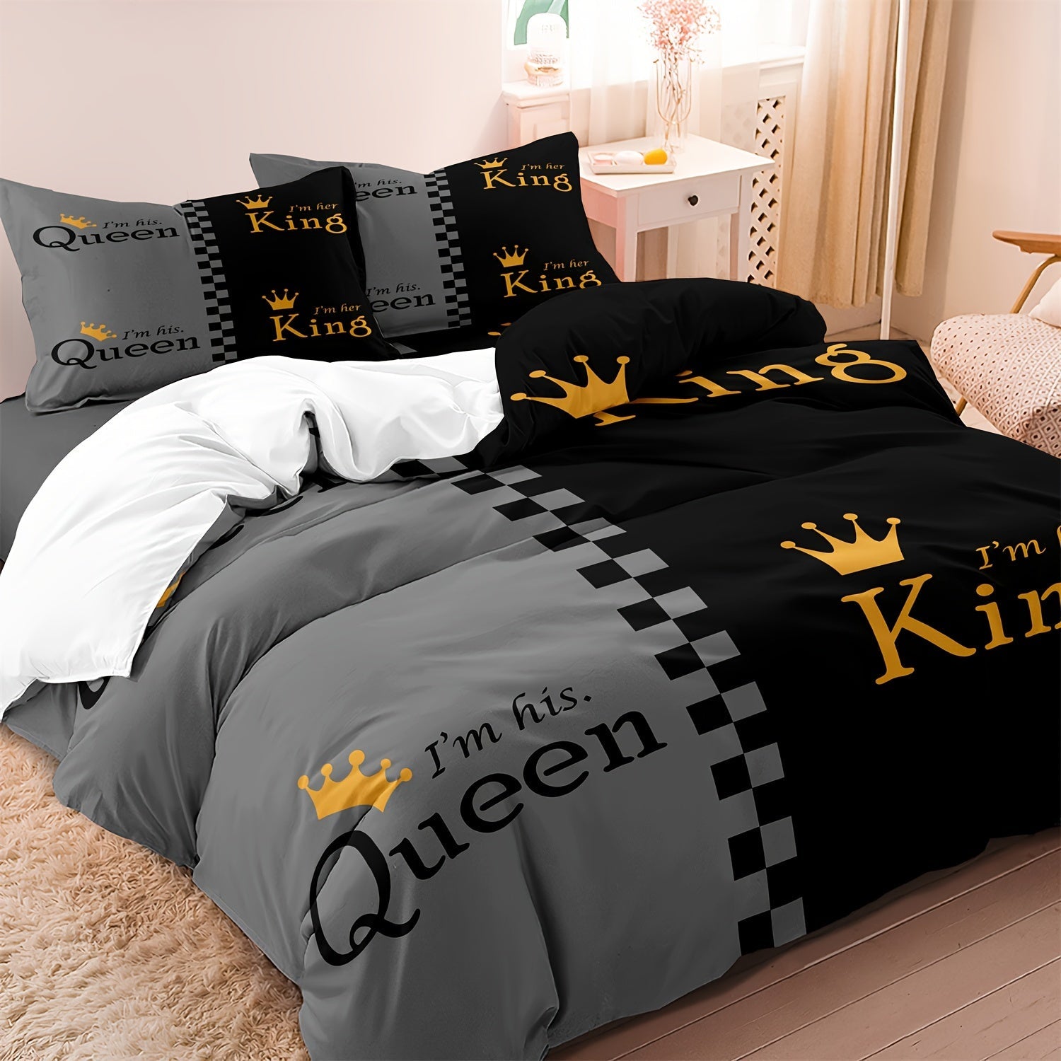 Black and Gray Crown Design Duvet Cover Set for Men Women 2/3pcs Queen King