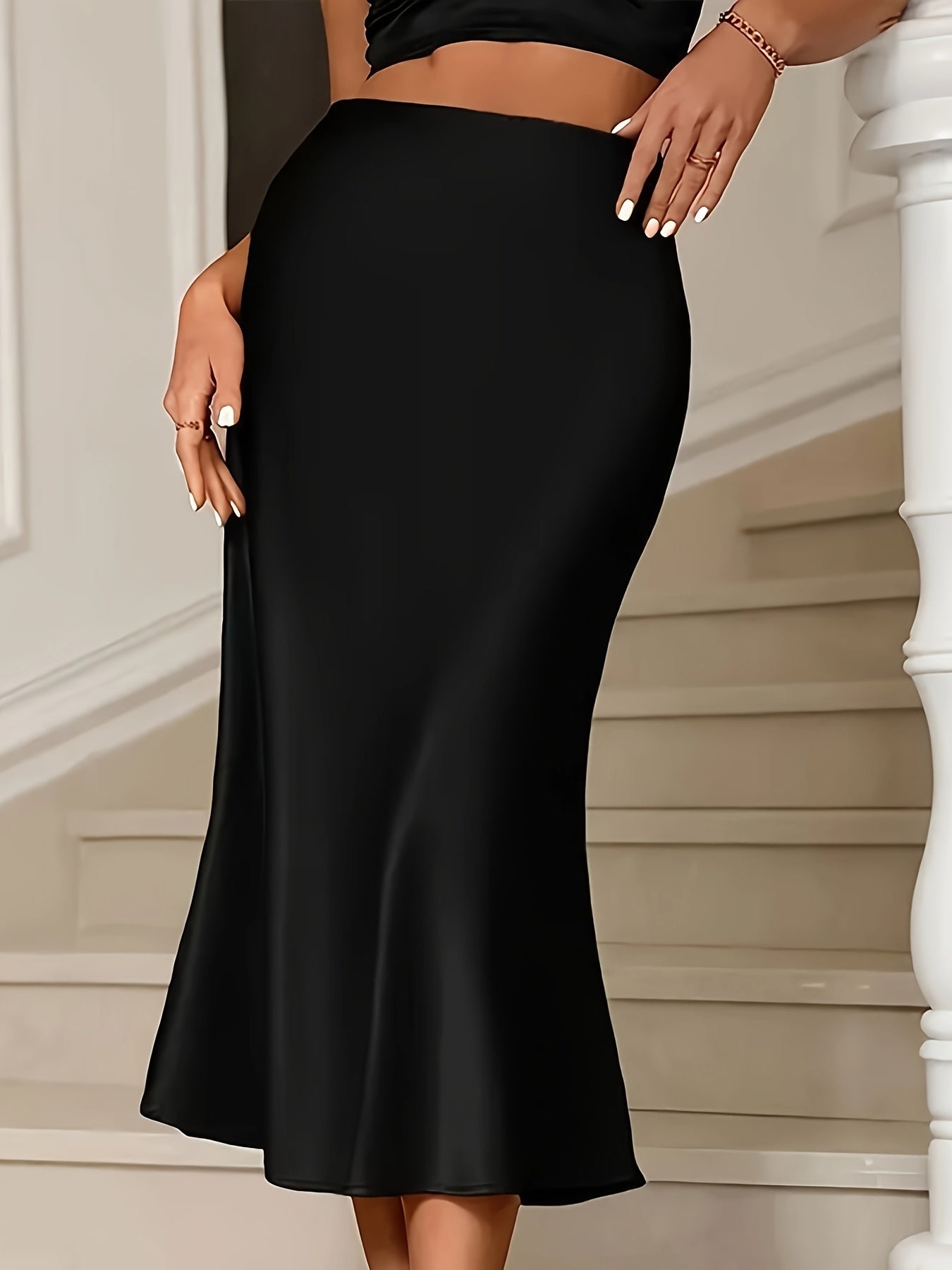 Women's High Waist Mermaid Skirt Solid Color Bodycon Midi Spring Summer Elegant