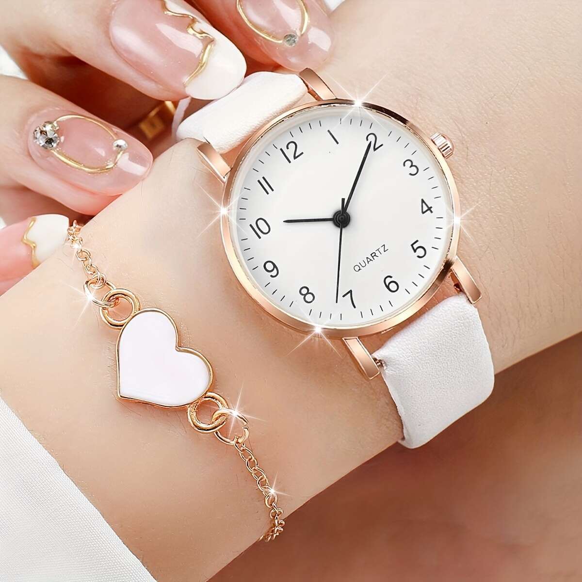 Women's Quartz Watch and Heart Charm Bracelet Set Alloy Case Faux Leather Strap Round Analog Dial