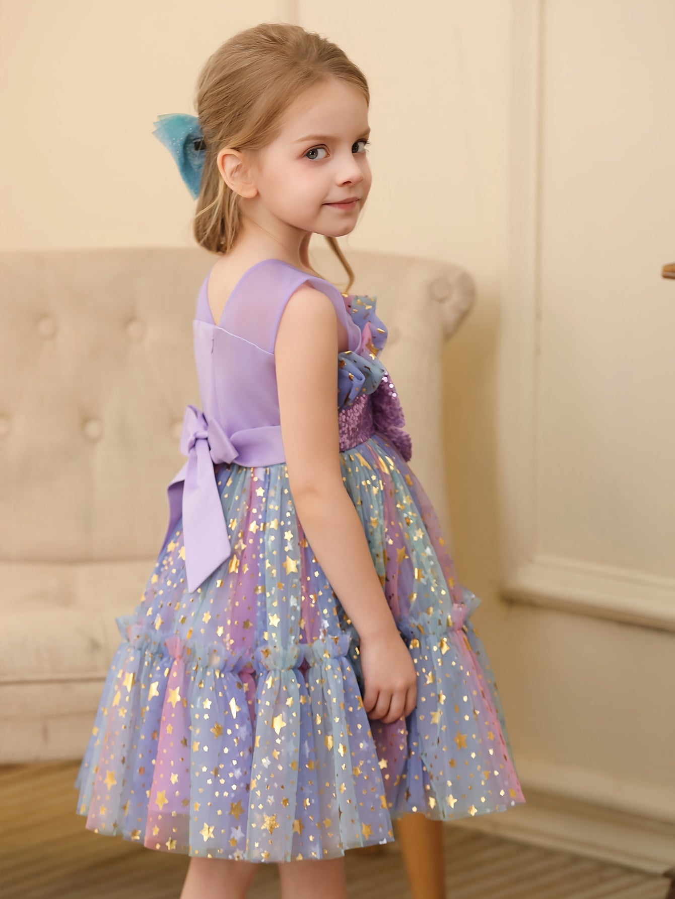Girls Sequin Starry Sky Mesh Princess Dress with Bow for Birthday Parties