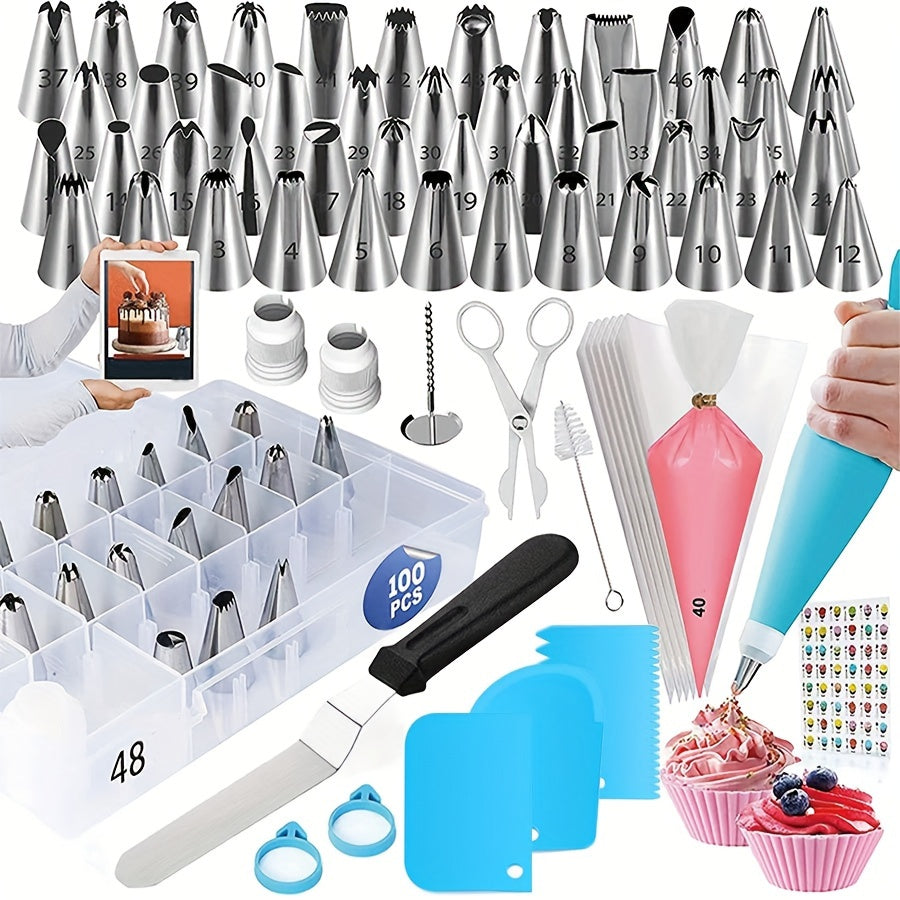 Cake Decorating Set with 74 Pieces, Stainless Steel Tips, Disposable Bags