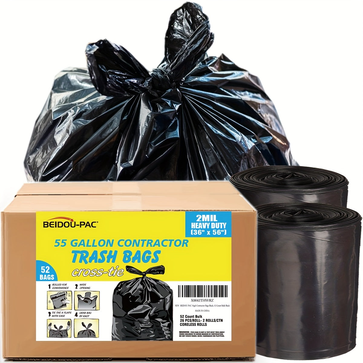 Bolsas de basura para contratista de uso pesado negras 158.99L 208.2L 2 rollos con asas y lazos