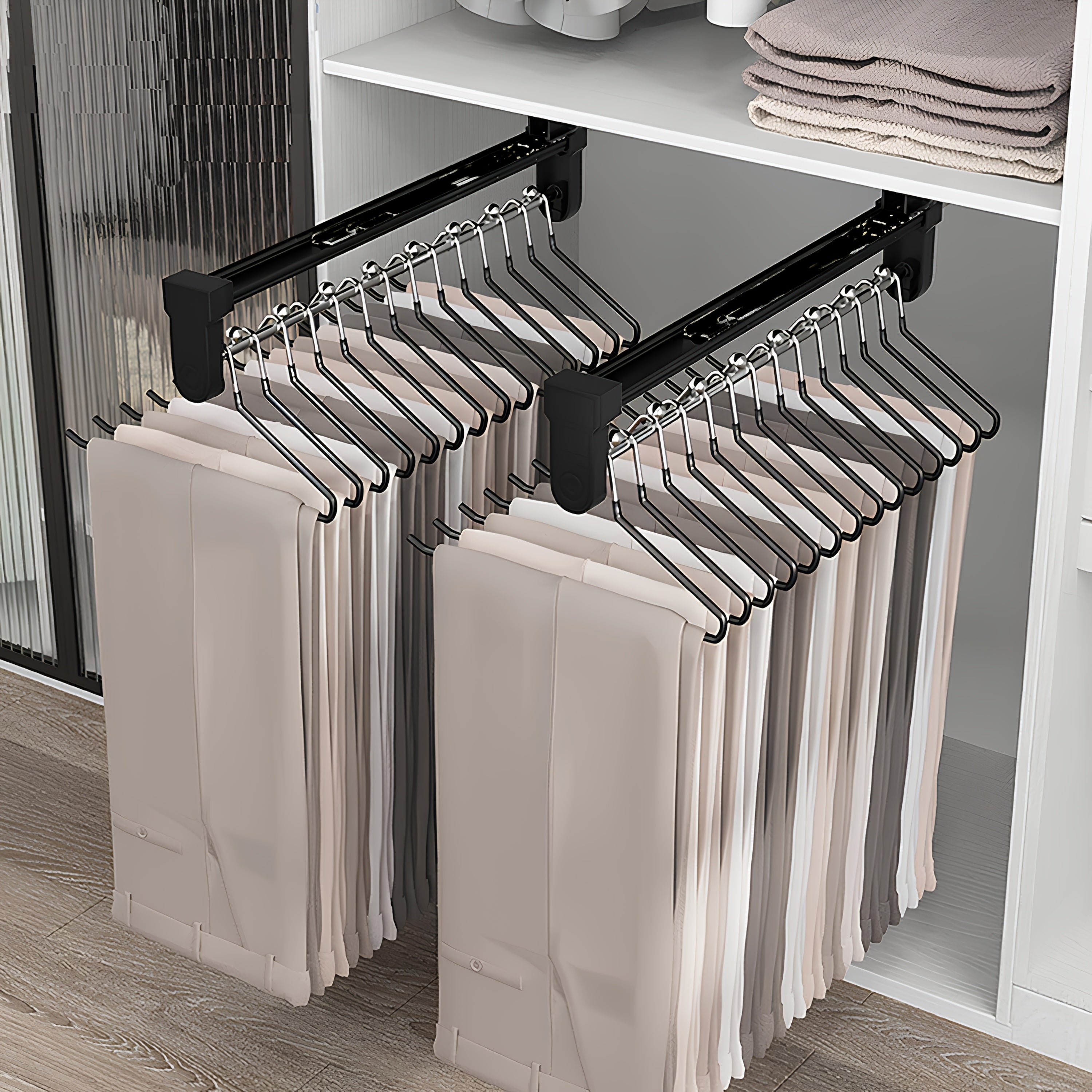 Metal Closet Organizer with Sliding Pants Rack Extendable Storage Drying Rack Hanging Rod Steel Ball Divider Space-Saving