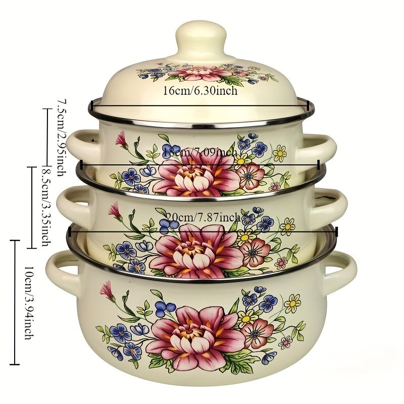 Enamel Cookware Set 3-Piece Floral Design Pots for Soup Stew Boiling