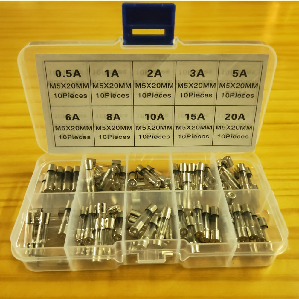 100-Piece Glass Fuse Assortment Kit 5x20mm 0.2A–20A for Electronics