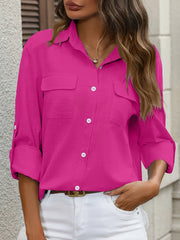 Women's Cotton Long Sleeve Shirt with Pockets and Button-Up Collar