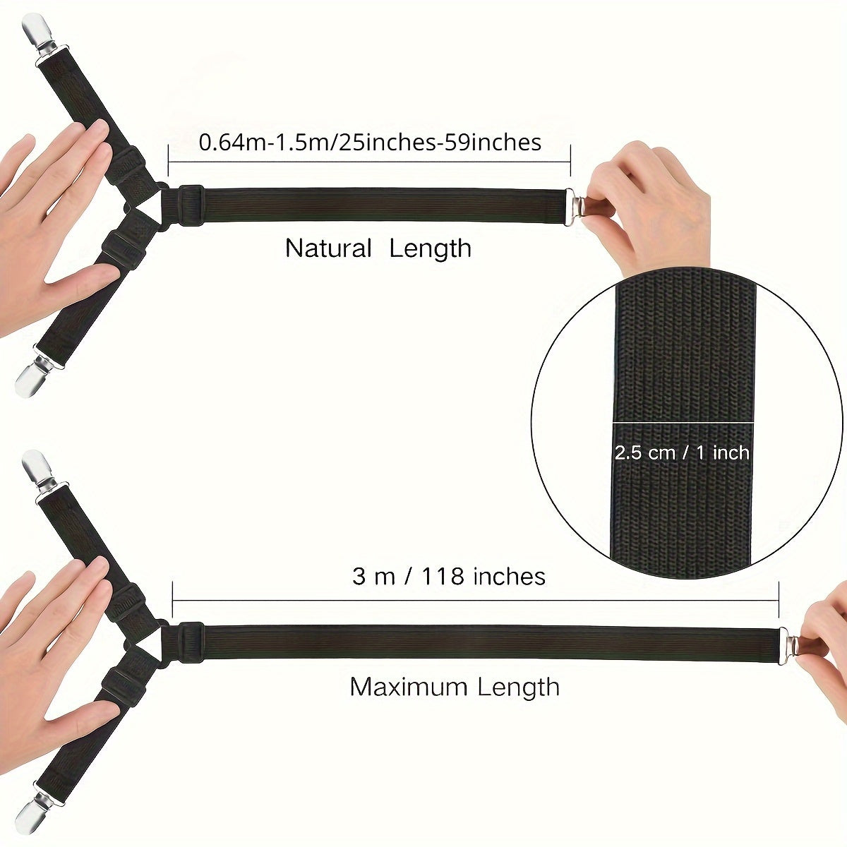 Adjustable Bed Sheet Fasteners with Elastic Straps and Clips for Mattress Covers and Cushions Black