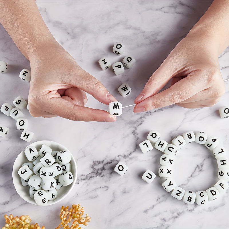 Set of 26 Glow-in-the-Dark Silicone Cube Beads for Jewelry and Crafts Includes Alphabet and Number Dice