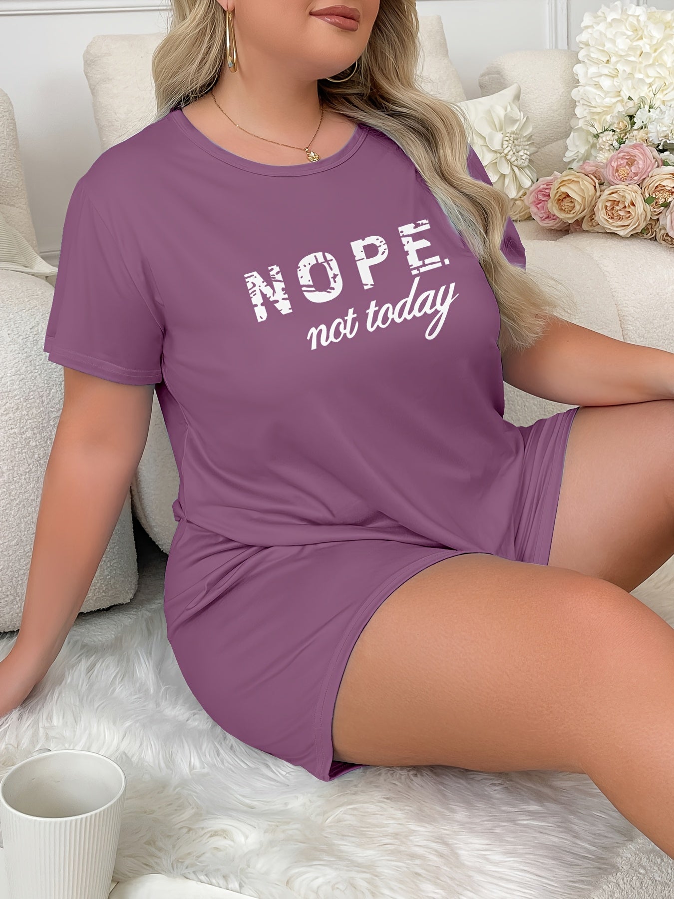 Plus Size Women's Loungewear Set Casual Slogan Print Short Sleeve Top and Elastic Shorts