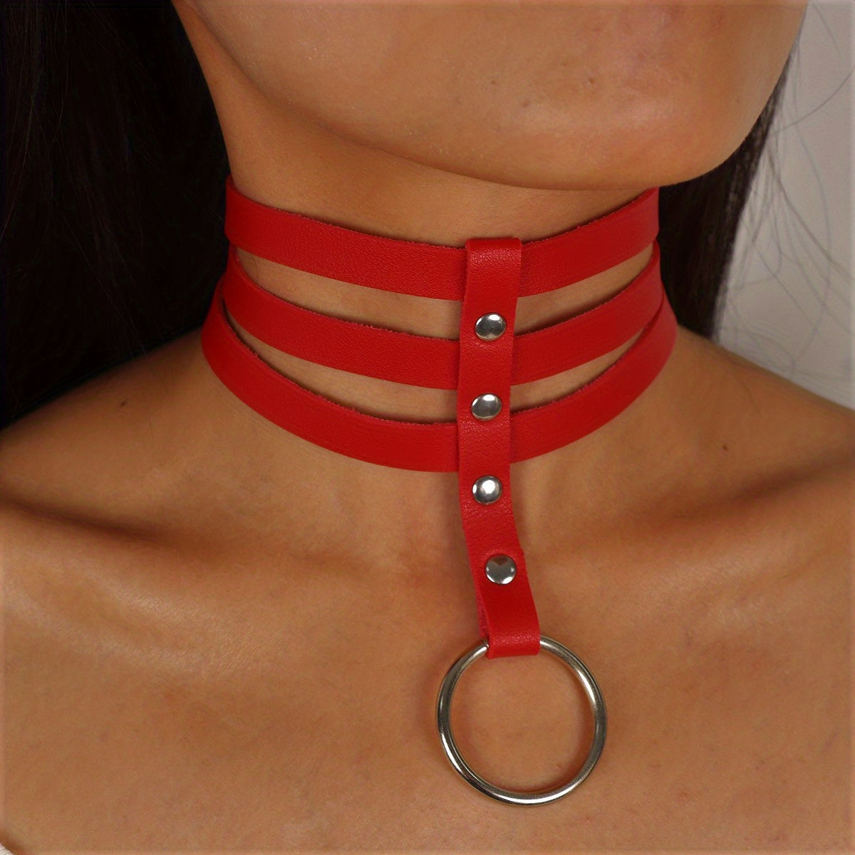 Women's Leather Punk Choker Necklace with Three Straps