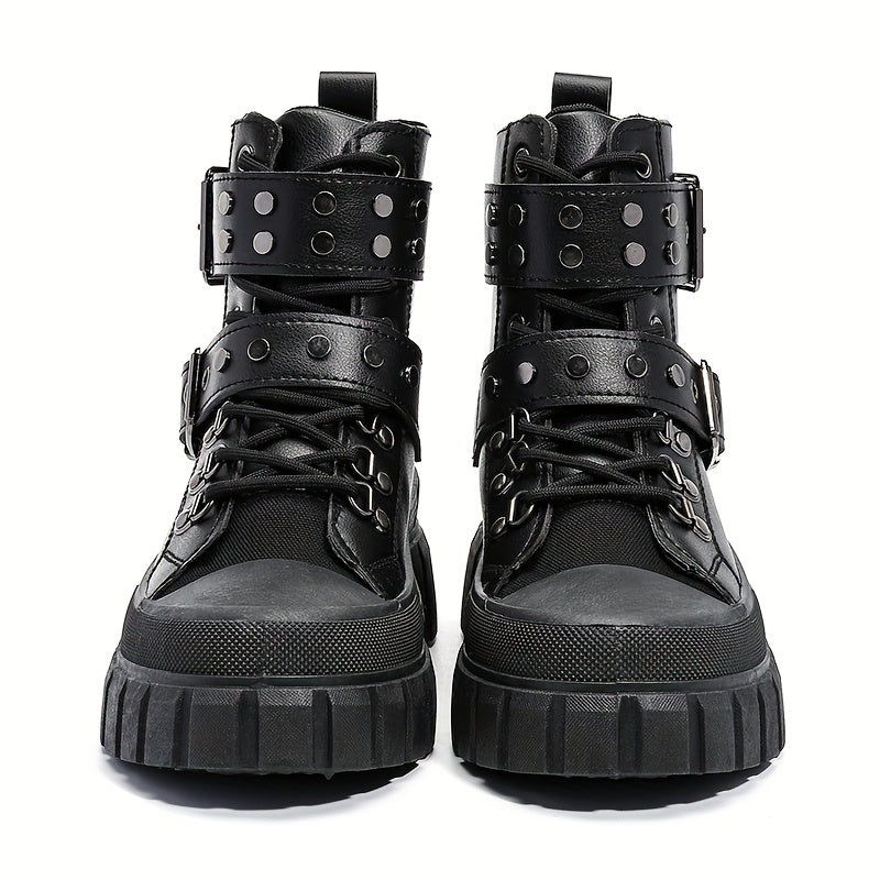 Women Black Motorcycle Boots Metal Buckles Flat Sole All-Season