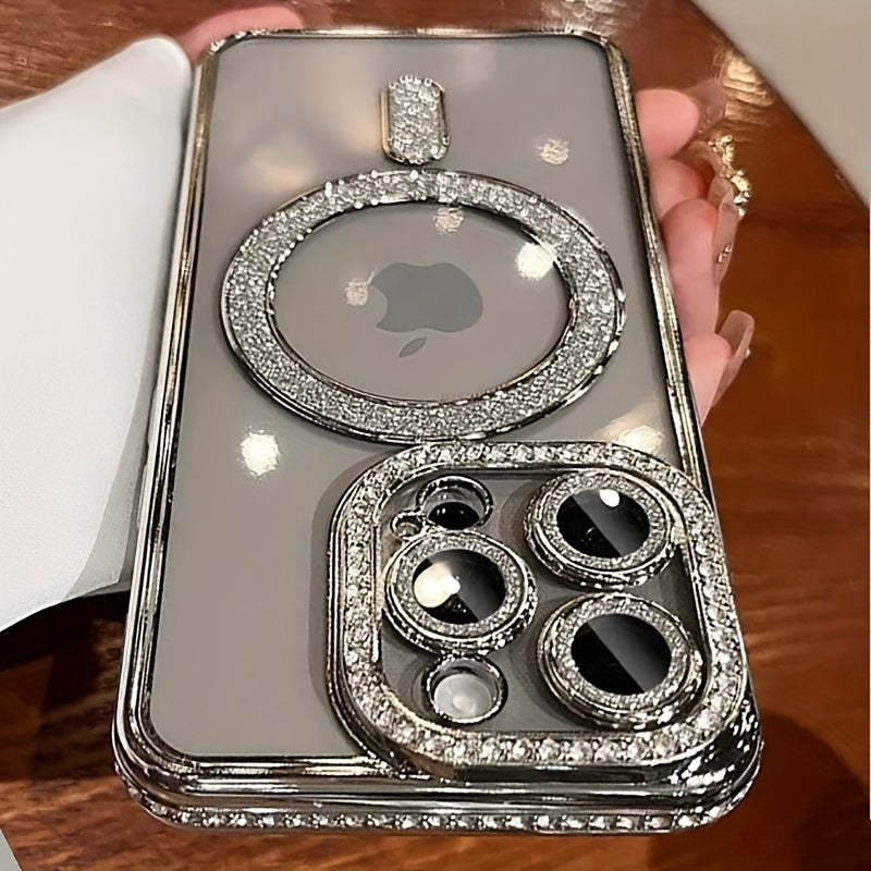 Magnetic Rhinestone Phone Case for iPhone 11-16 TPU Wireless Charging Magsafe Lens Protection