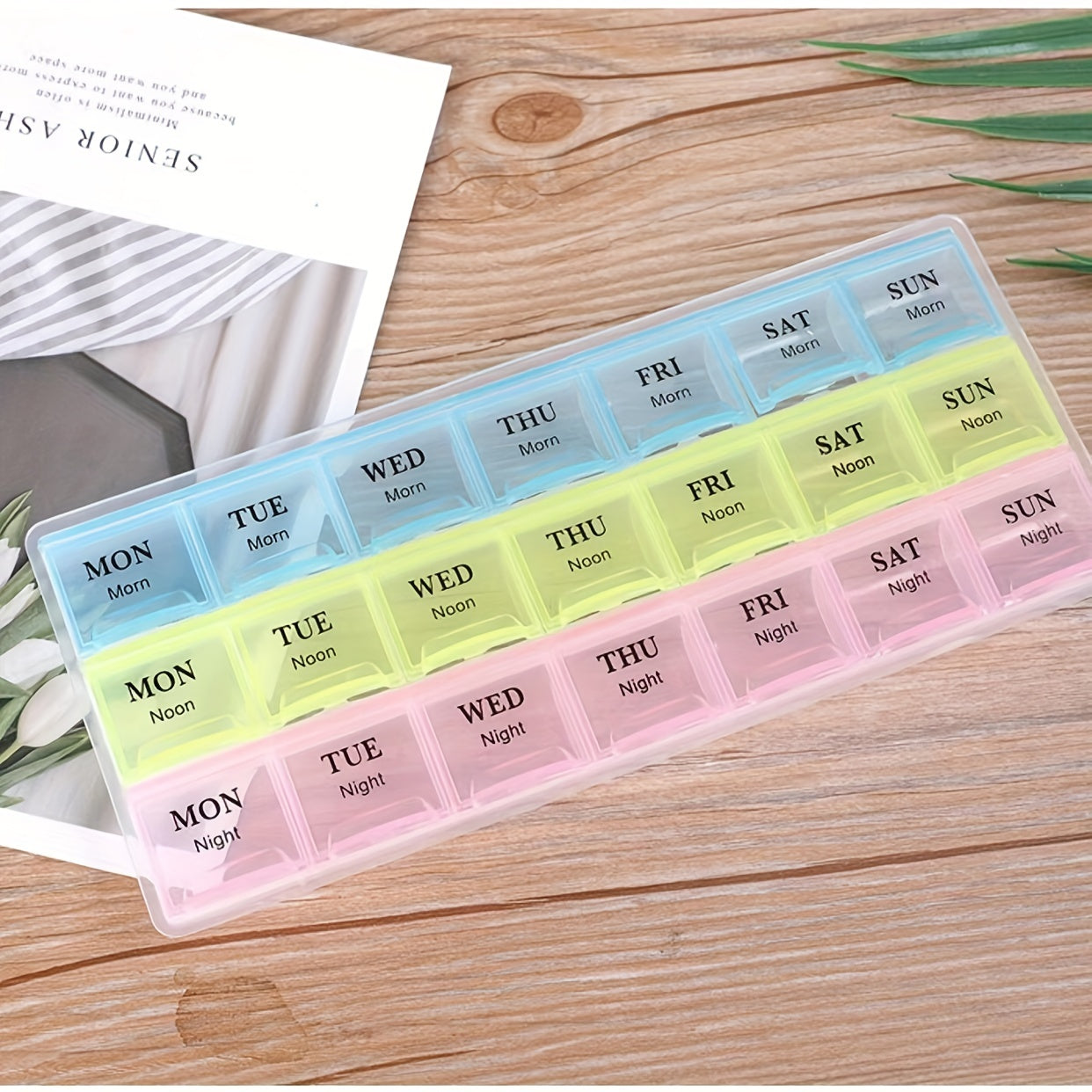 Weekly Pill Organizer 21 Grids with 3 Reminder Boxes for Travel and Vitamins