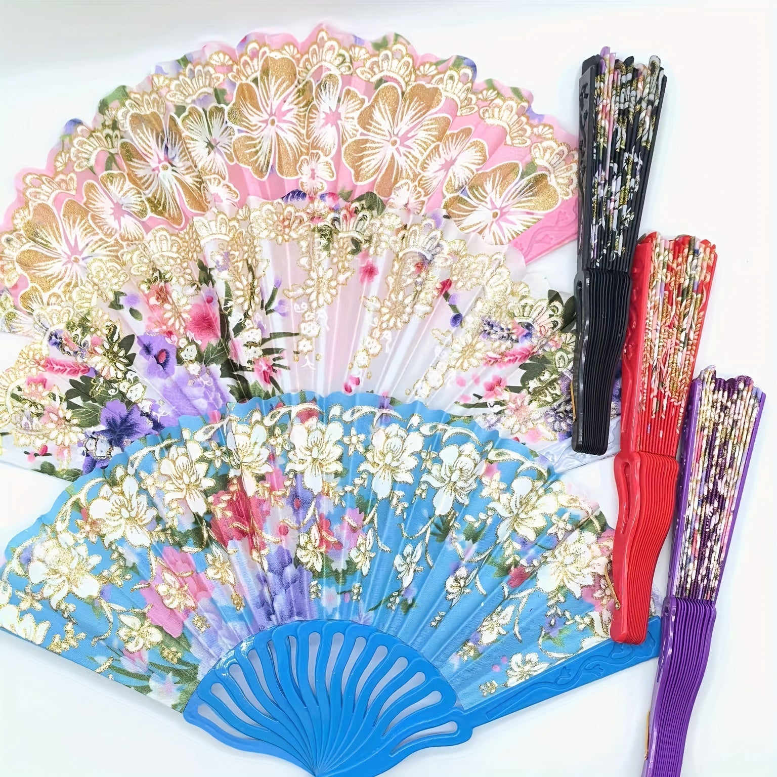 Set of 12 Floral Folding Fans Linen Fabric with Gold Glitter Patterns