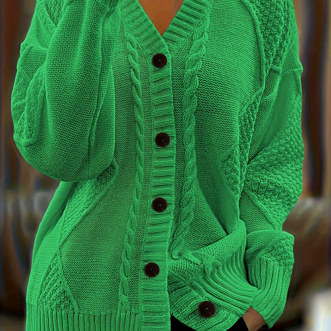 Plus Size Solid Color Button Drop Twisted Cardigan Casual Long Sleeve Sweater Women