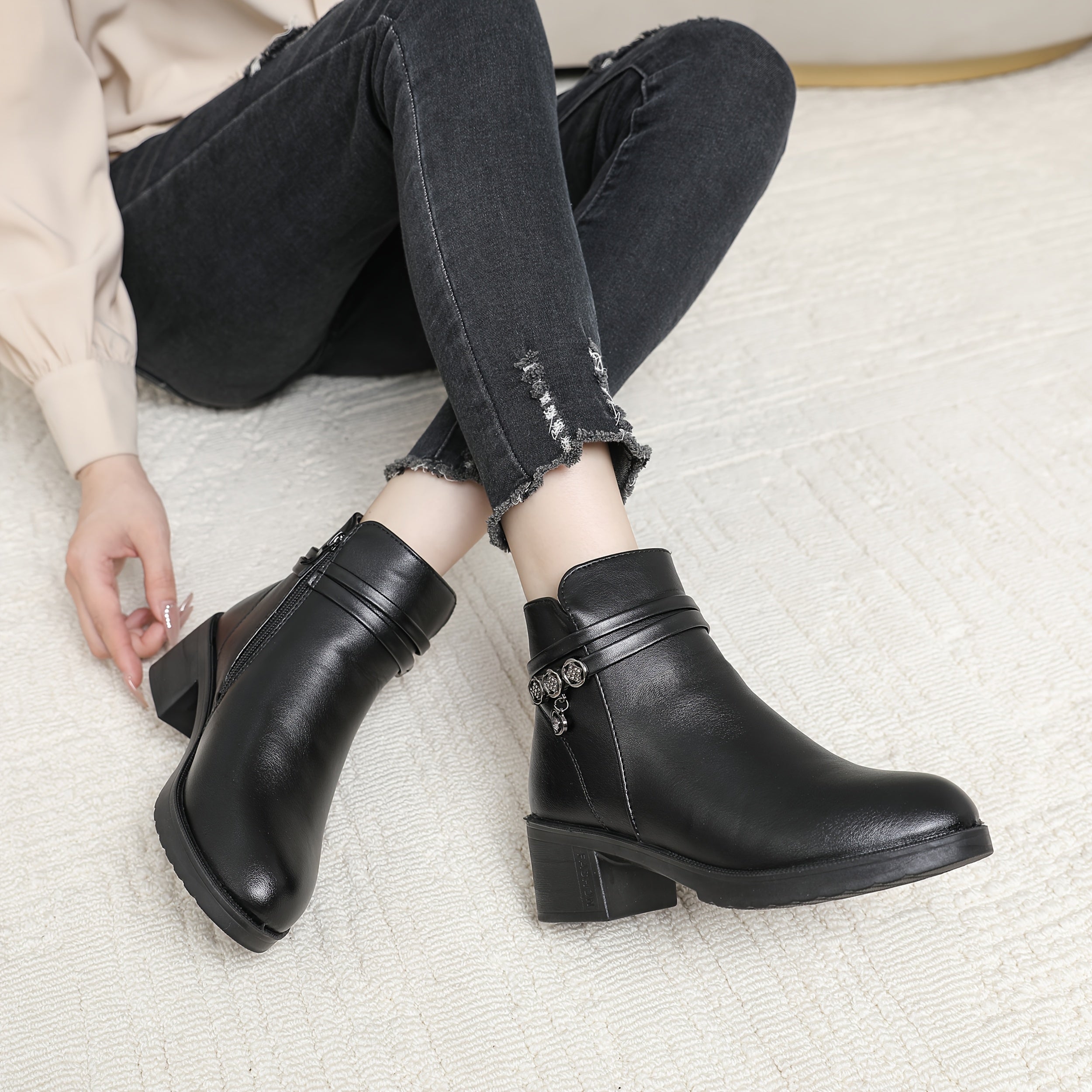 Женские ботинки из искусственной кожи на каблуке с платформой, боковой молнией, противоскользящей подошвой