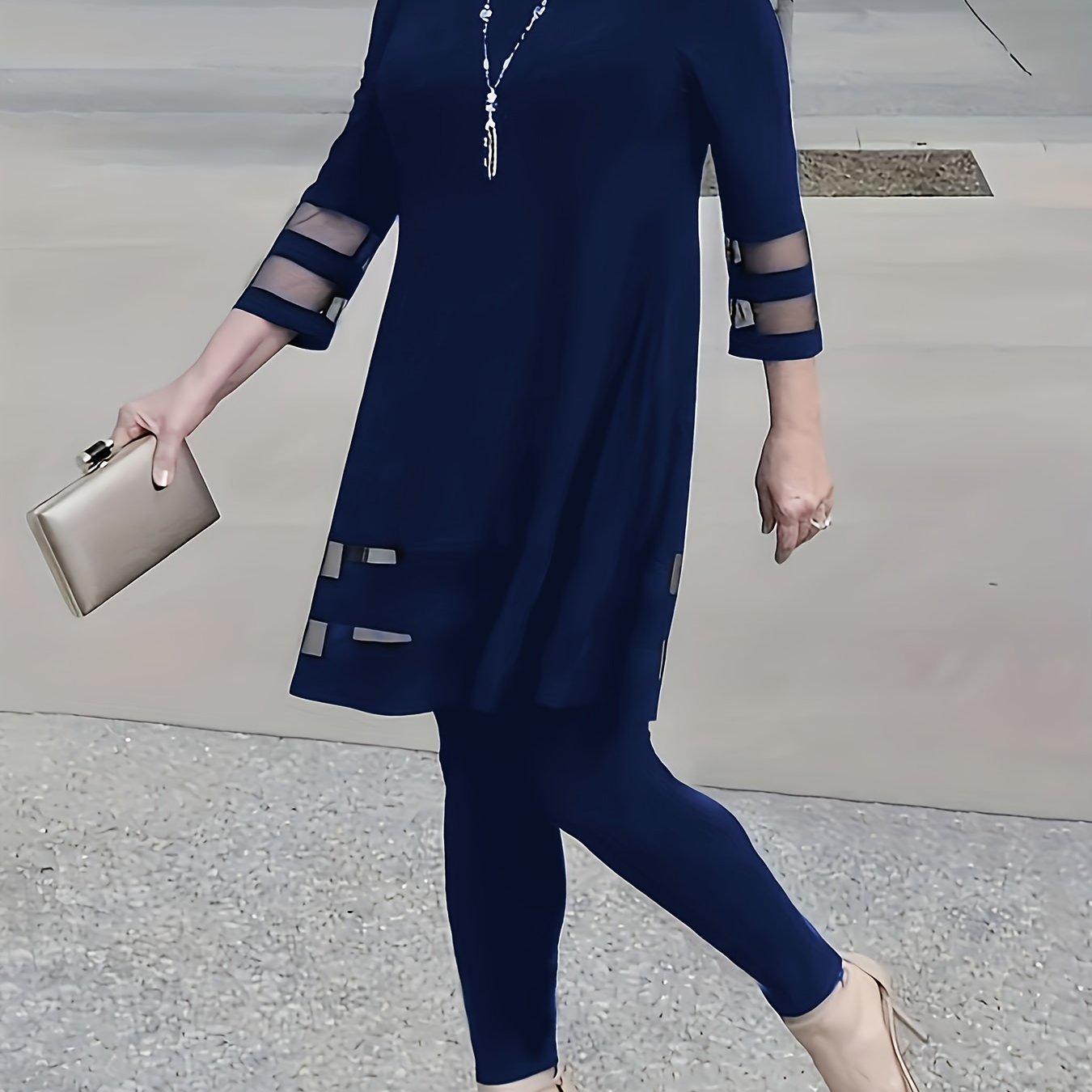 Katta o'lchamdagi mesh ikki qismli to'plam, crew neck bluzka va shimlar, ayollar uchun katta o'lchamdagi kiyimlar