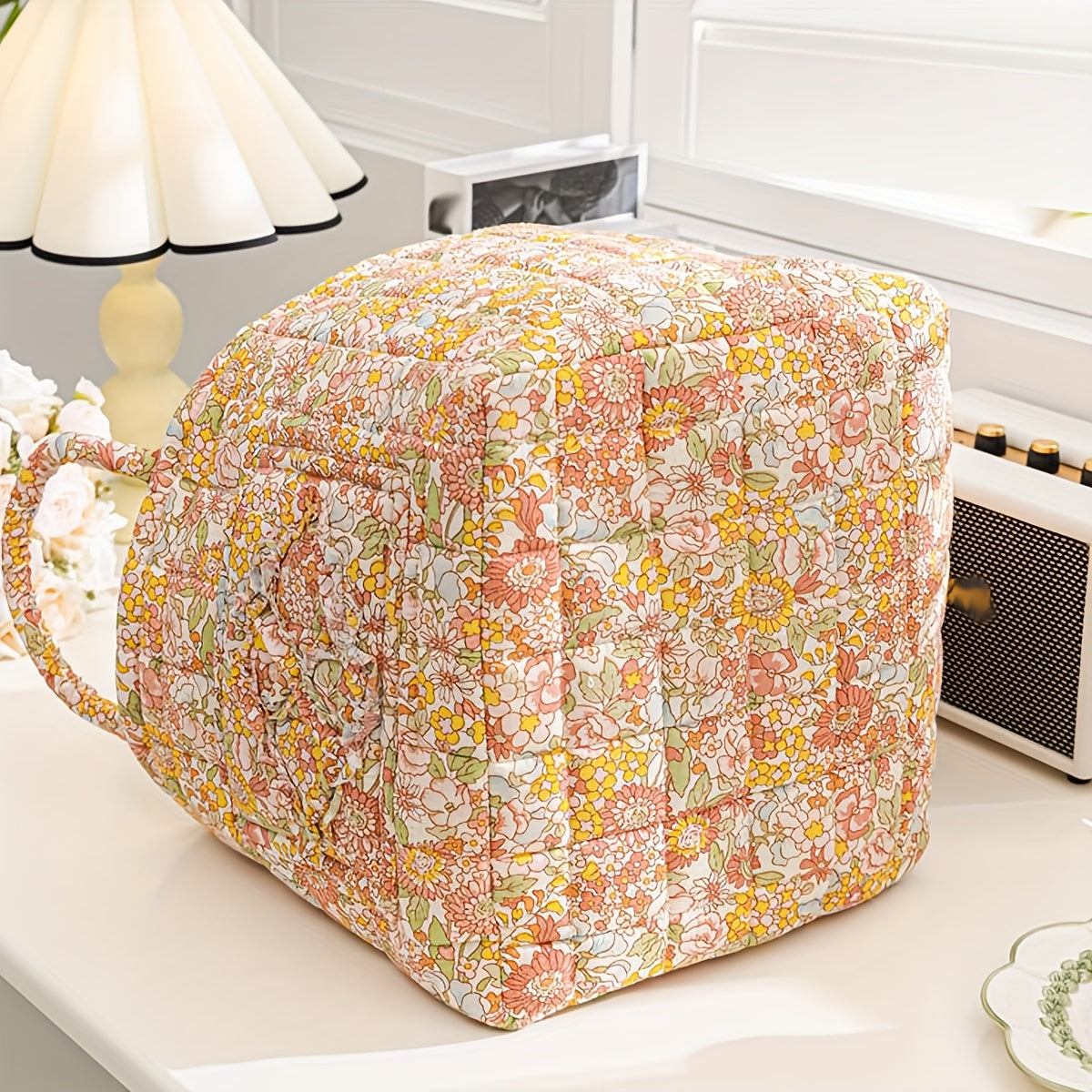 Rustic Quilted Floral Storage Basket for Baby Diapers and Toys