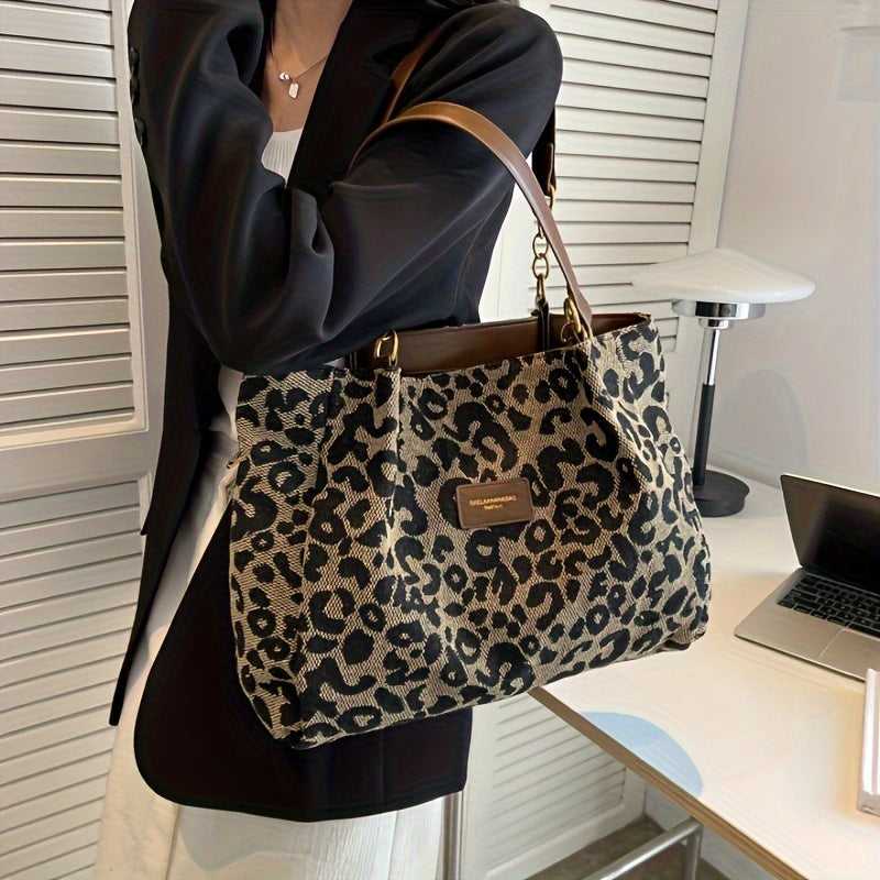 Leopard Print Canvas Tote Bag with Zipper Closure for Work School Shopping