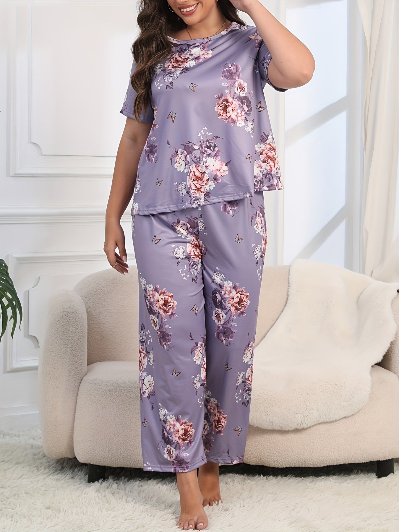 Plus Size Floral Knit Pajama Set with Short and Long Sleeves in Purple
